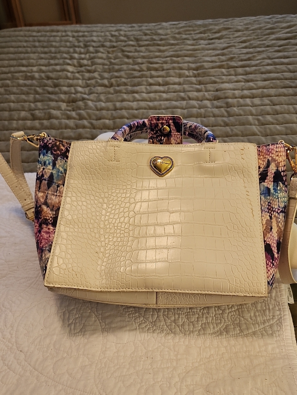 Betsey Johnson Cream Croc-Embossed Satchel with Multicolor Snake-Print Sides